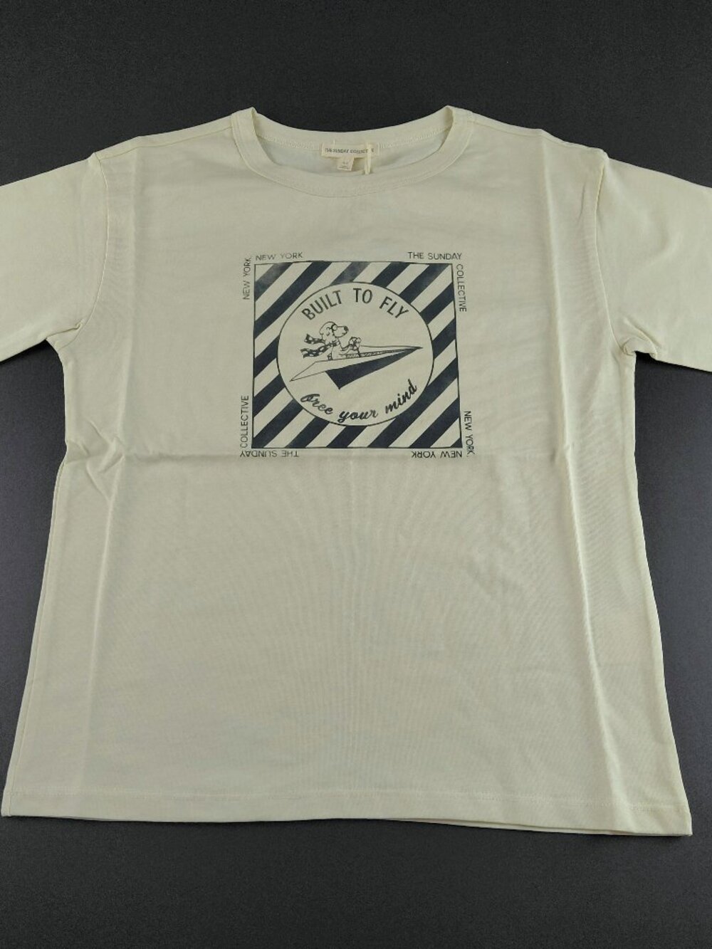 The Sunday Collective Built to Fly Tee T-Shirt Kids Size 8-9Y Almond Milk Dog